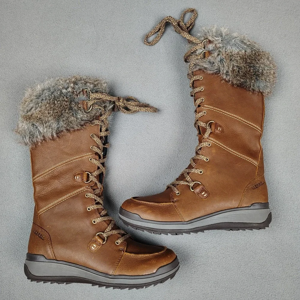 Merrell Womens Boots 7.5 Snowcreek Tall Polar Waterproof Brown Leather Zip NWOB